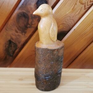Vintage Hand Carved Wooden Penguin Figurine on Log Base